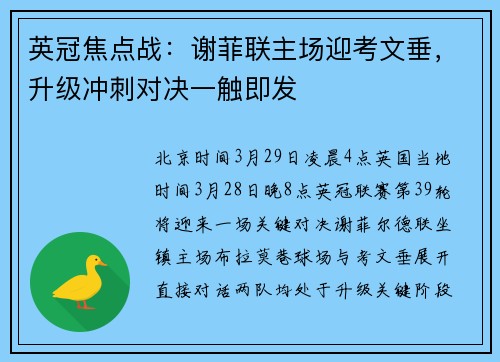 英冠焦点战：谢菲联主场迎考文垂，升级冲刺对决一触即发