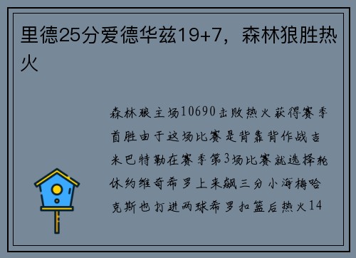 里德25分爱德华兹19+7，森林狼胜热火